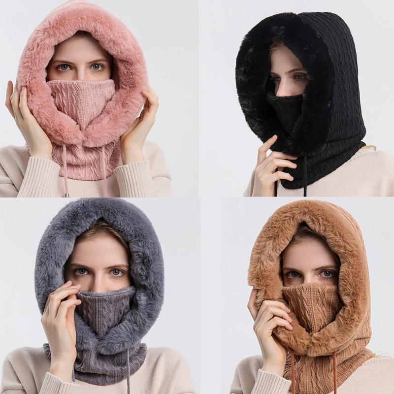 Winter Fur Cap Mask Set Hooded For Women Knitted Cashmere Neck Warm Russia Outdoor Ski Windproof Hat Thick Plush Fluffy Beanies