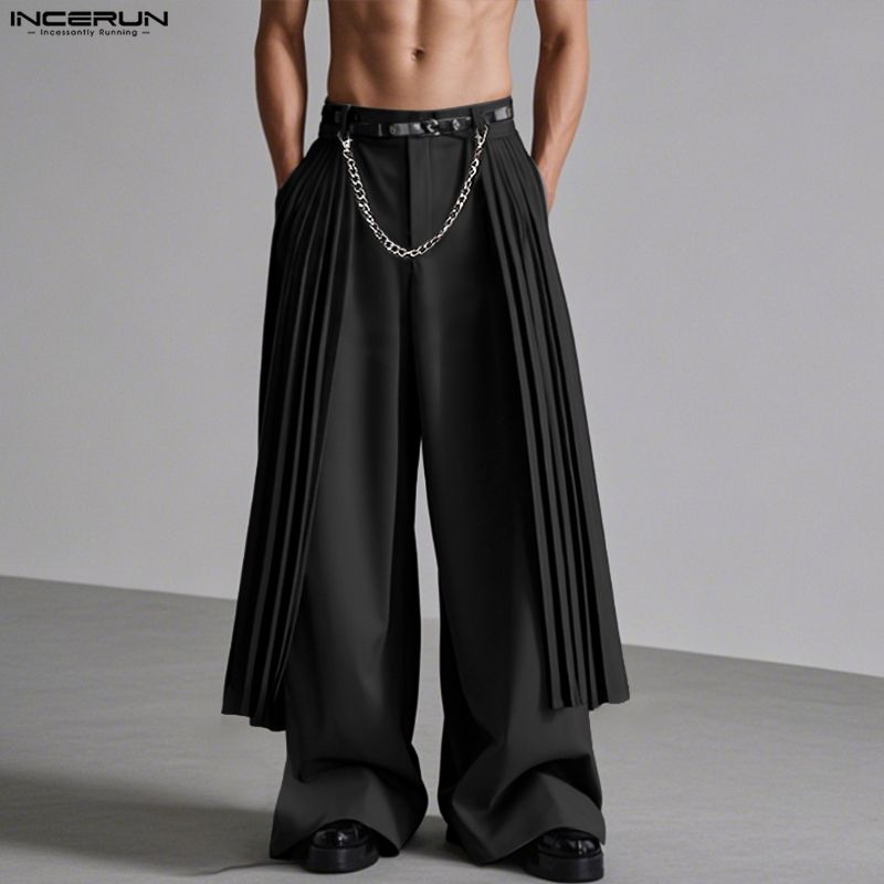 INCERUN Men Zip-up Waist Front Layers Solid Casual Long Pleated Pants Trousers