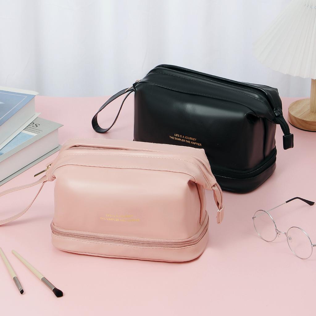 Wire Steel Doublelayer Makeup Bag Large Capacity Solid Color Storage Bag Wash