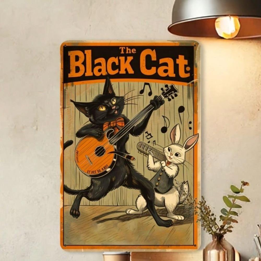 Vintage Zwarte Kat en Konijn Muzikant Metalen Poster Wanddecoratie