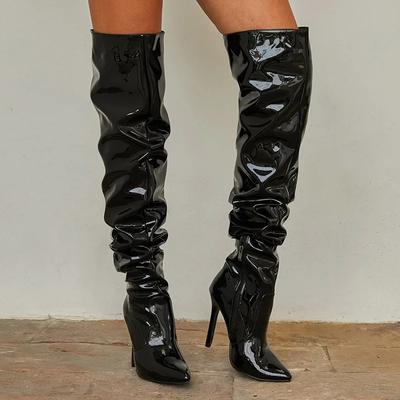 Cross Knee Boots 2025 Autumn New European and American Pointed Patent Leather High Tube Black Zipper Slim Heel High-heeled Women
