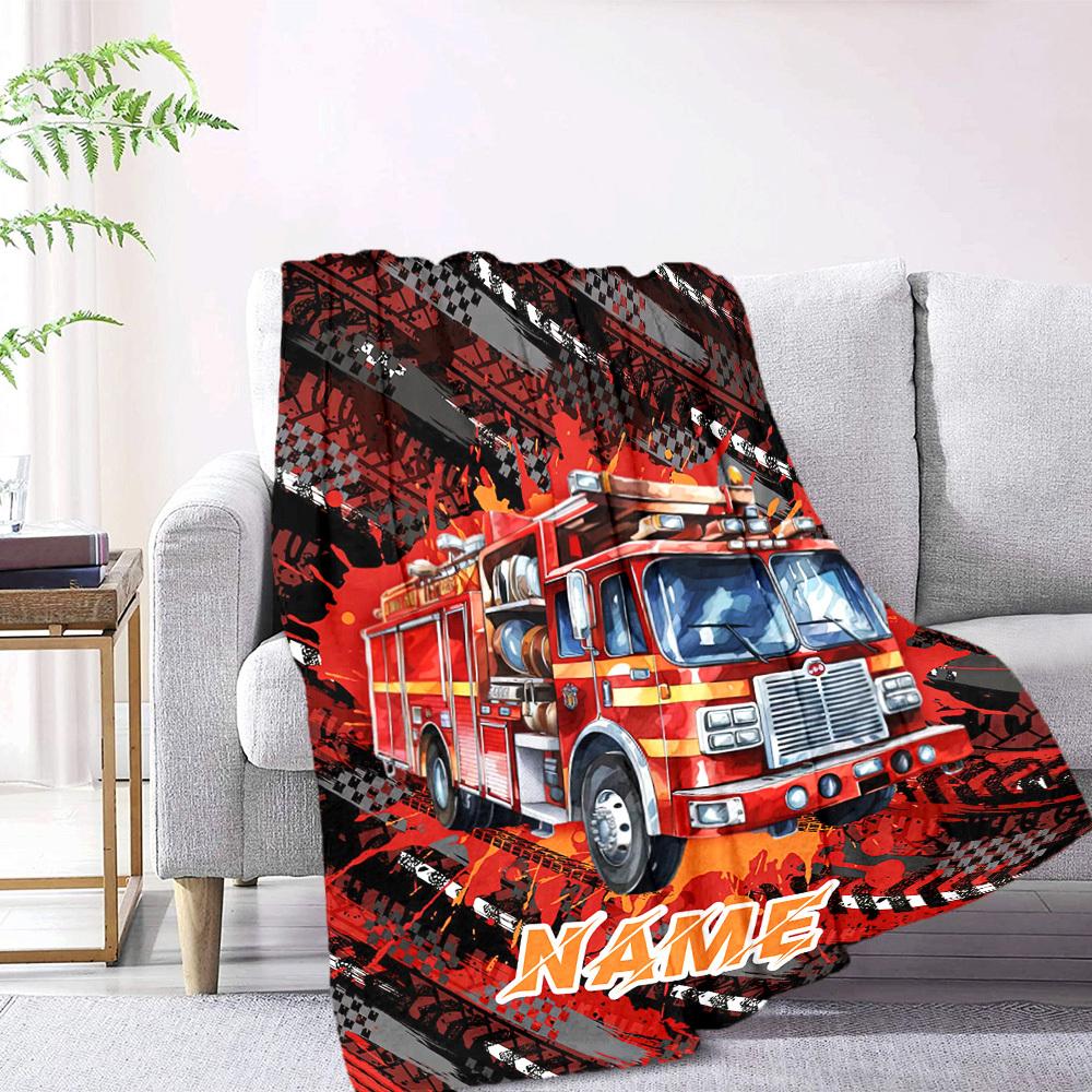 Fire Truck Adventure A Wild Ride Through The Streets Lightweight Blanket Customize Your Name Durable Comfort Suitable For Sofa Couch Office Bed