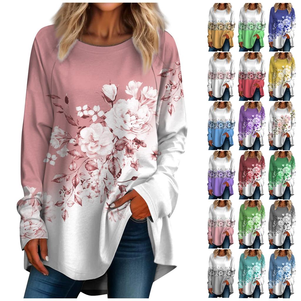 Women's Casual  Plus SizeLong Sleeved Round Neck Retro Flower Printing T-shirt Top Pullover