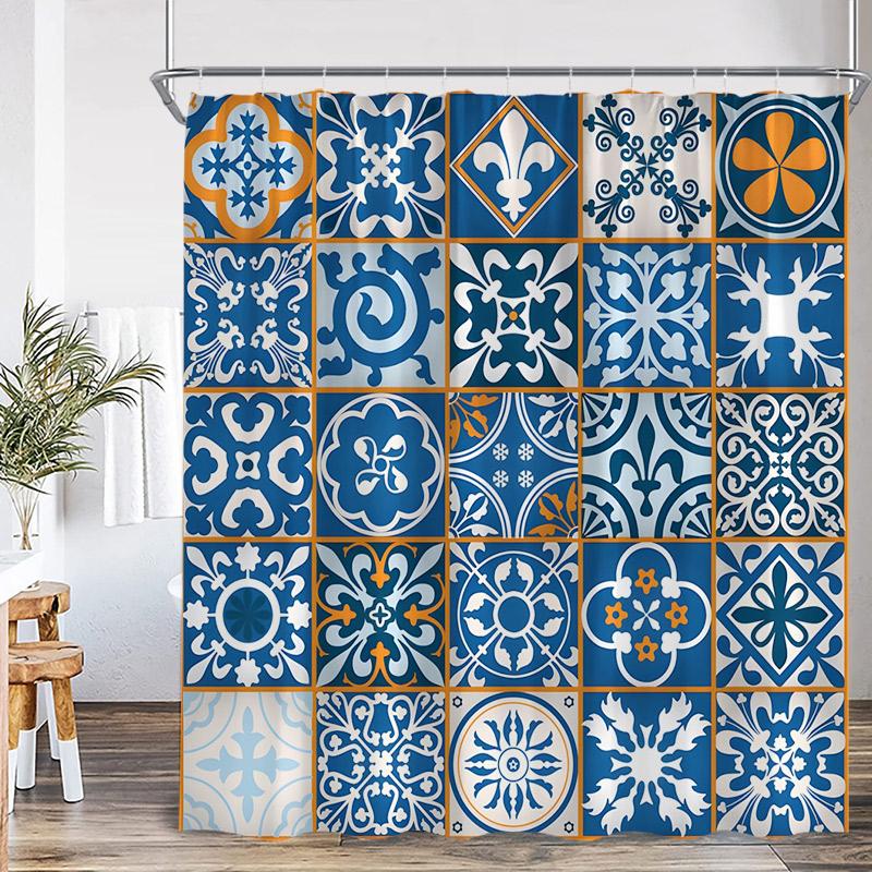 Blue Boho Floral Shower Curtains Mandala Indian Ethnic Style Pattern Bath Curtain Set Modern Polyester Bathroom Decor with Hooks