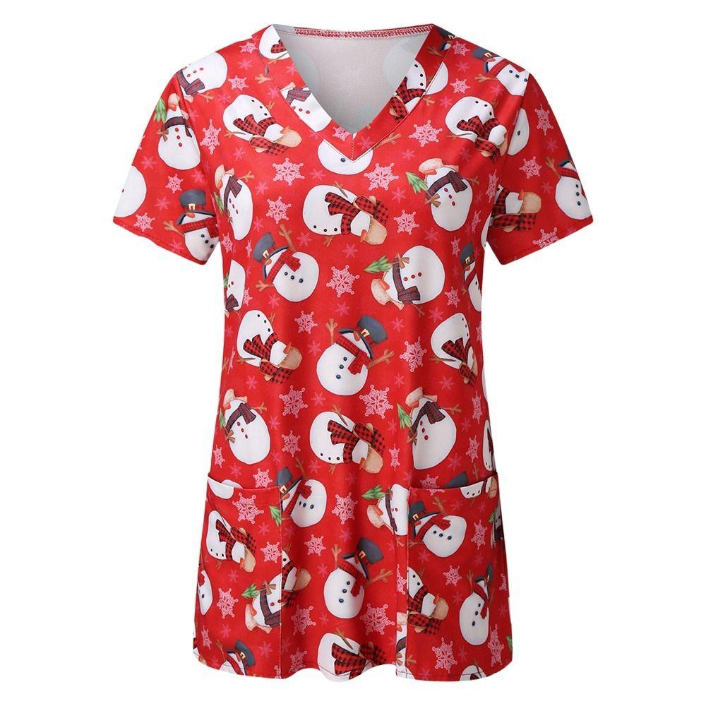 

Winter Pajamas Santa Claus Snowman Short Sleeves Woman T-Shirt Christmas Blouse Tops V-neck Shirts XL-C
