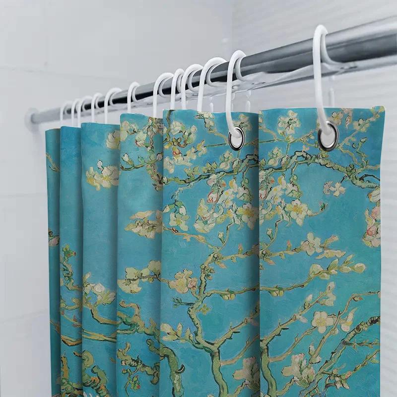 Van Gogh Blossoms Bath Mat Floral Decorative Shower Curtain With Vivid Print For Bathroom Accessories In Blue Green White Flower