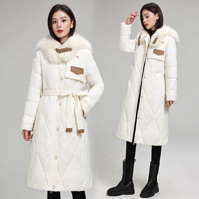 Large Size Autumn and Winter Women's Coat Solid Color Fur Collar Waist Slimming Mid-length Thickened Windproof Women's Jacket