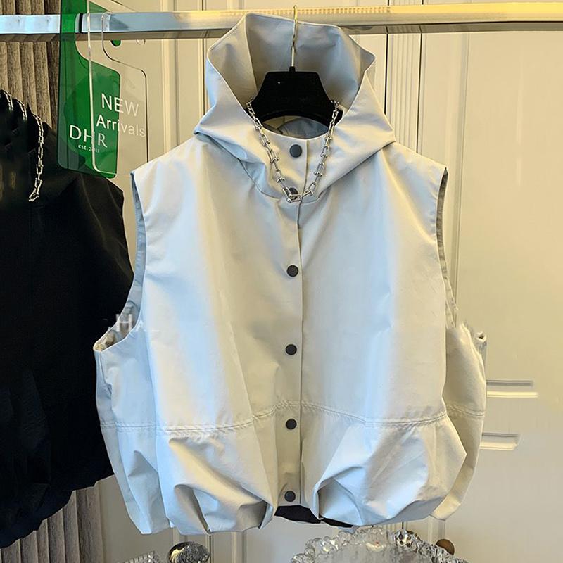 

Fashion Hooded Women s Vest Coat Vintage Loose Sleeveless Jackets Female Autumn Streetwear Casual Women Vest 2026 XL бежевий