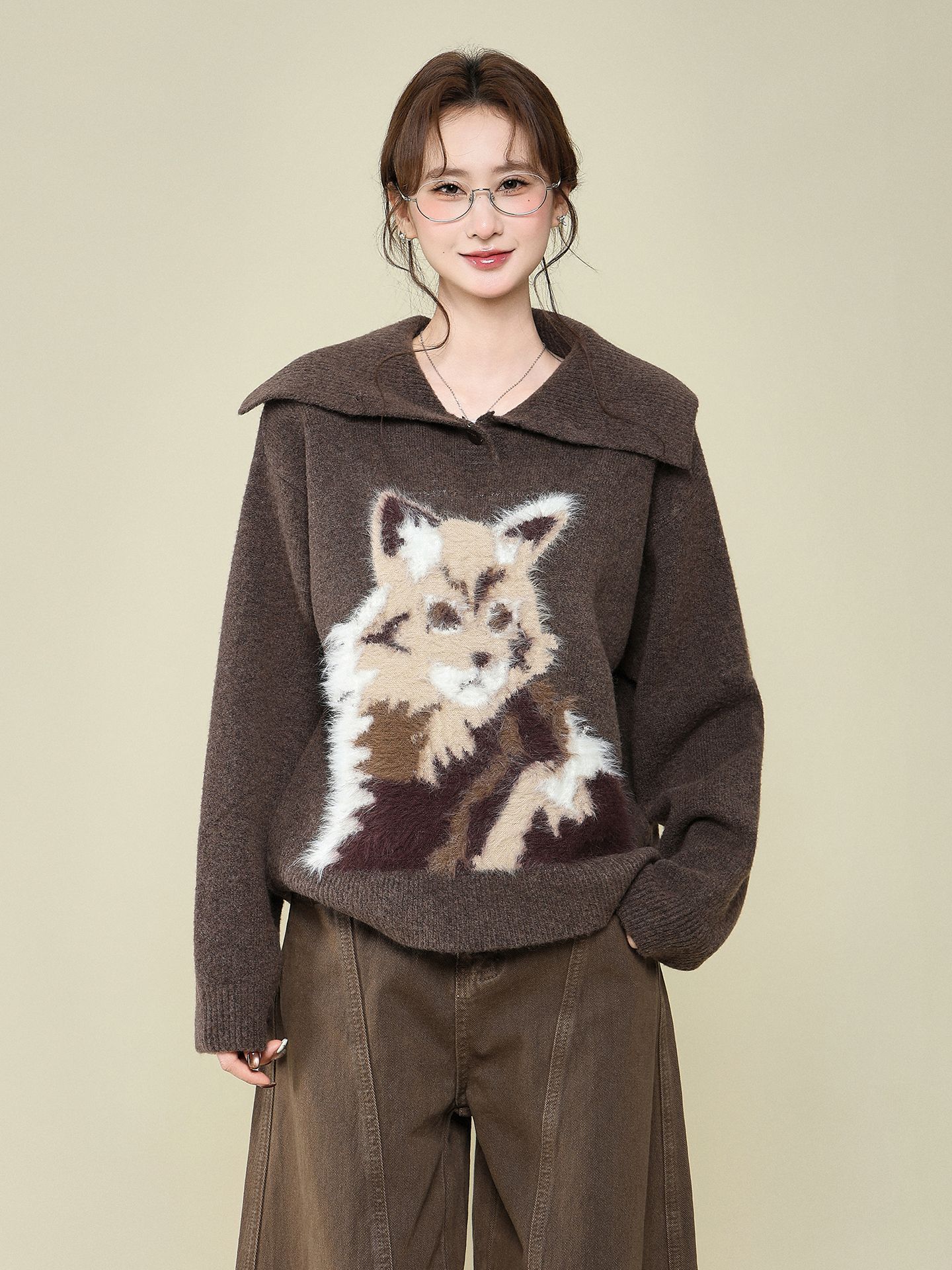 

Brown puppy plush lapel long-sleeved knitted sweater jacket autumn and winter base with thickened thermal top women One size fits all коричневый