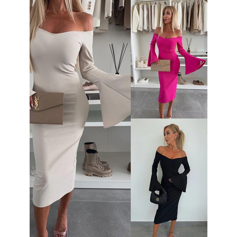 Sexy French style off-Shoulder Spring and Autumn Solid off-Shoulder Collar Slim fit Sheath Bell Sleeve Dress Women