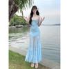 Seaside Vacation Style Blue Floral Suspender Dress Casual Body Temperament Slim Hip Wrap Dress Summer