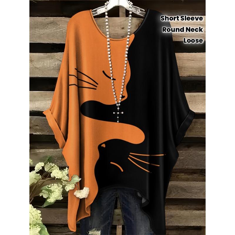 Summer Plus Yellow and Black Collision Cat Pattern Printed Swallowtail Round Neck T-shirt 1XL