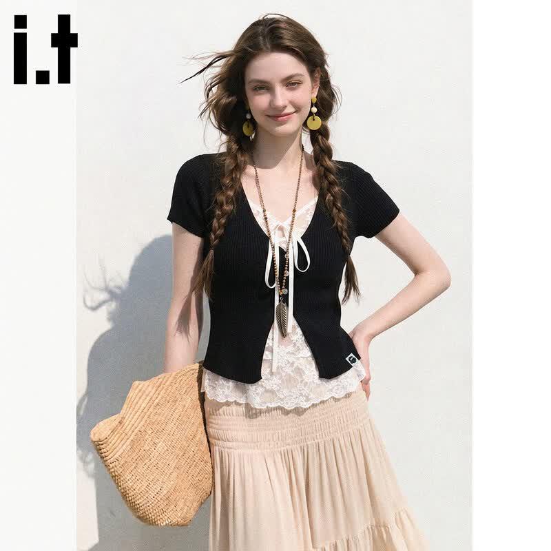 Fingercroxxit French Lace V-Neck Knit Top S