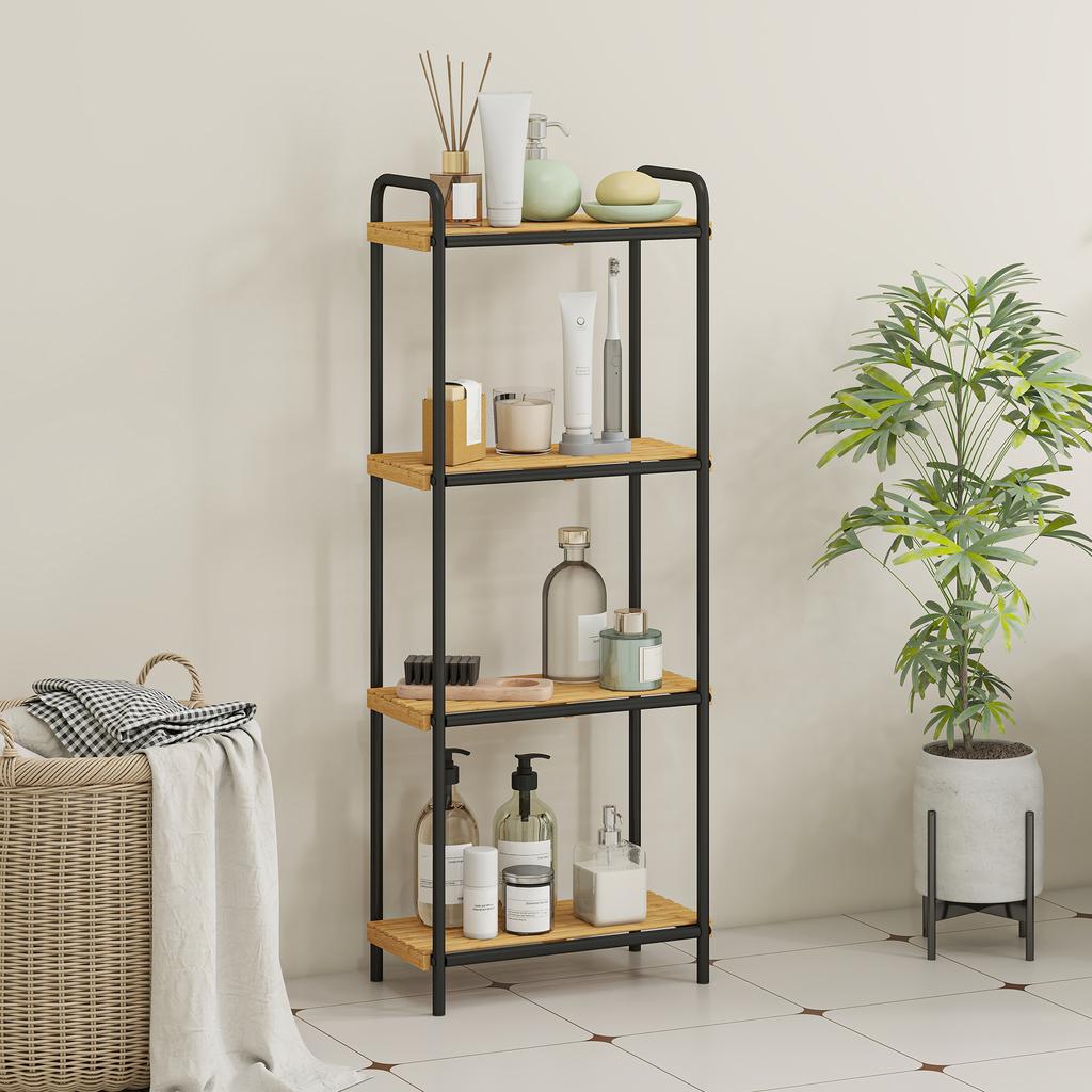 Bathroom shelf 4-level narrow freestanding storage shelf bamboo 1.5 x 21.5 x 106 cm natural wood effect