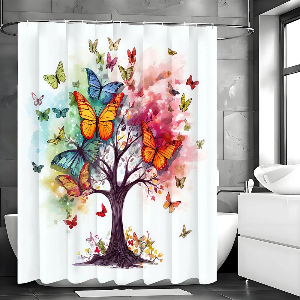 Kolorowa Zasłona Prysznicowa Motyl Drzewo, Dekoracyjna Zasłona Prysznicowa do Łazienki, Wodoodporna Zasłona Prysznicowa z Haczykami