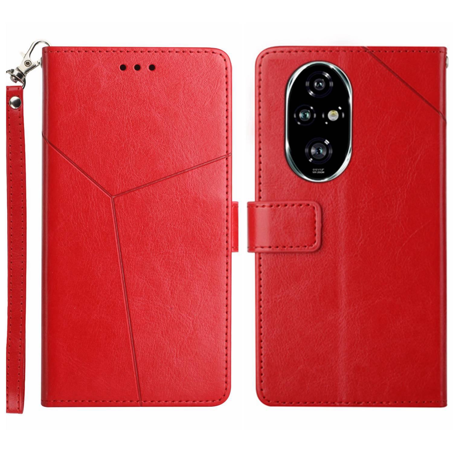 

For Honor 200 Pro 5G Case with Wrist Strap Y Shaped Lines Imprint Leather Phone Cover Red