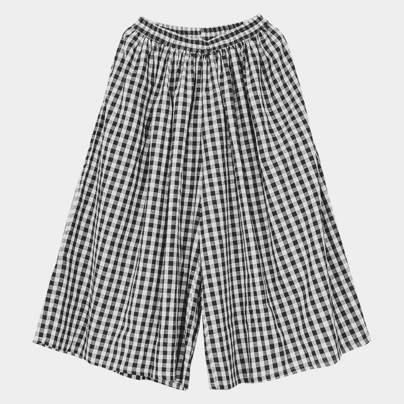 Vestido Elegante Feminino Calças Xadrez Algodão Fino Linho Calças de Perna Larga Mulheres Verão Cintura Alta Calças Jogger Largas Calças de Moletom