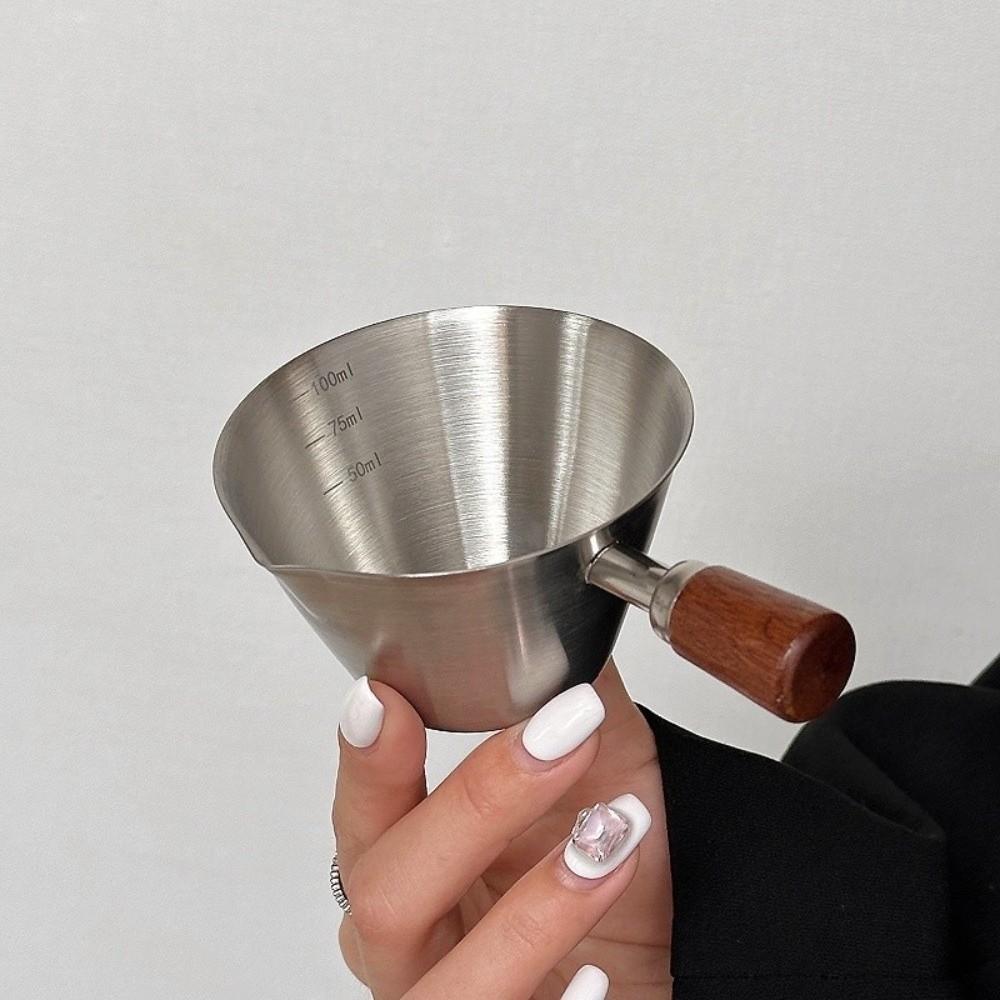 Nieuwe 100ML Italiaanse Espresso Maatbeker Houten Handvat met Schaal Kleine Melkbekers Roestvrij Staal Vloeibare Doseer Tool