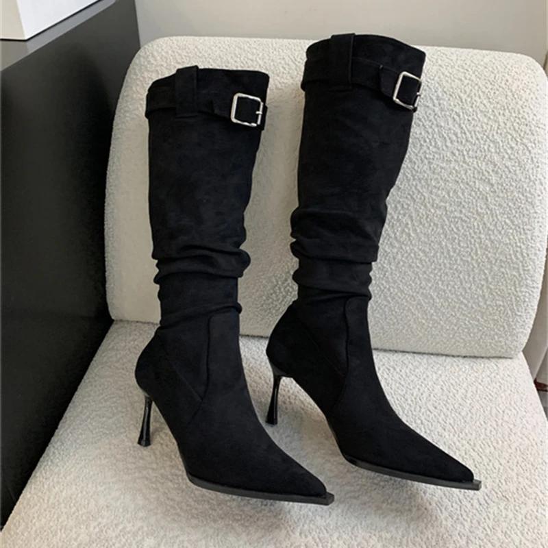 High Heel Women Knee High Boots Fashion Pointed Toe Slip On Shoes Dancing Party Dress Long Botas De Mujer
