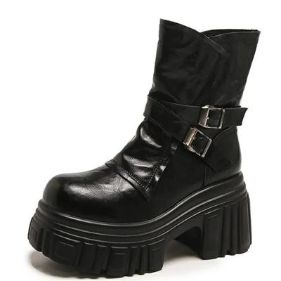 Mode 9CM Designer Ritter Damen Leder Mid-Calf Stiefel Klobige Hochhackige Plateau Punk Motorrad Stiefeletten Goth Street Schuhe Für Damen