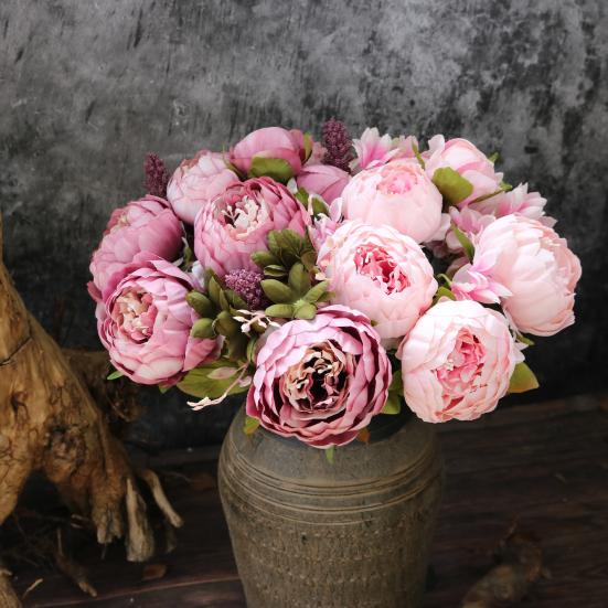 13 Heads Artificial Flower Silk Fabric Realistic Peony Bouquet with Soft Touch Home Wedding Display Office Decoration