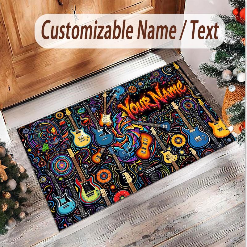 Music Guitar Theme Soft Crystal Velvet Rug Custom Name & Text Print Non Slip Floor Rug for Bedroom Living Room