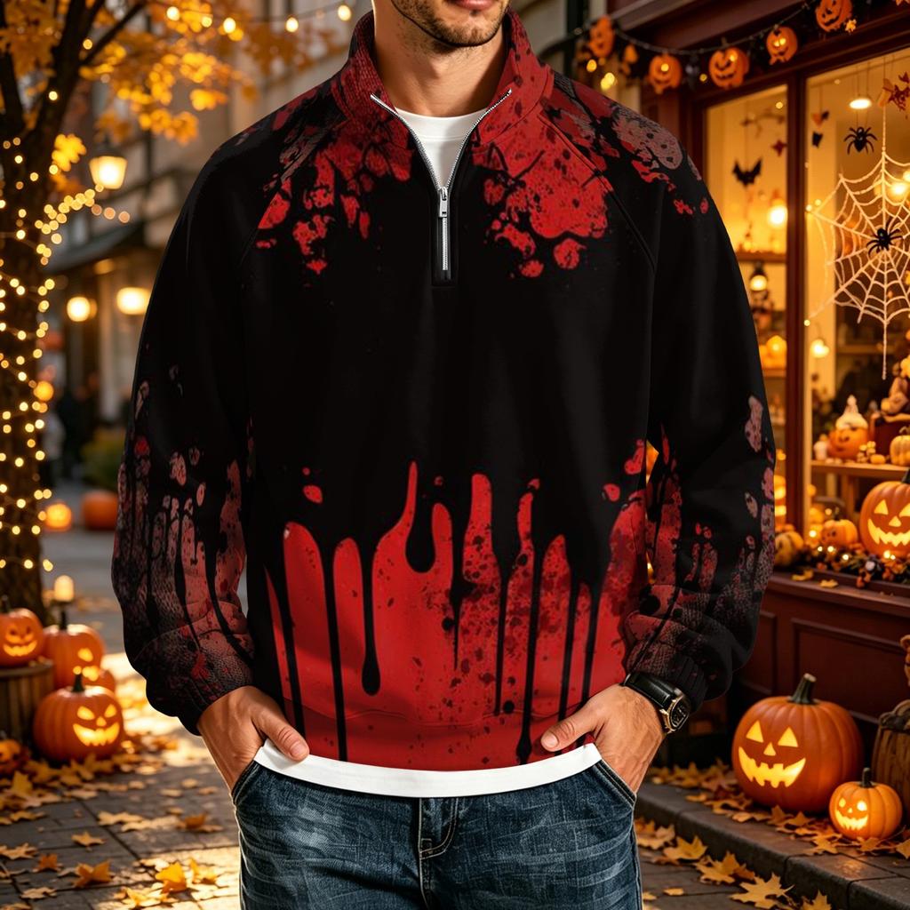 Men's Loose Fit Raglan Sleeve Sweatshirt with Stand Collar and Halloween Print for Parties and Daily Wear