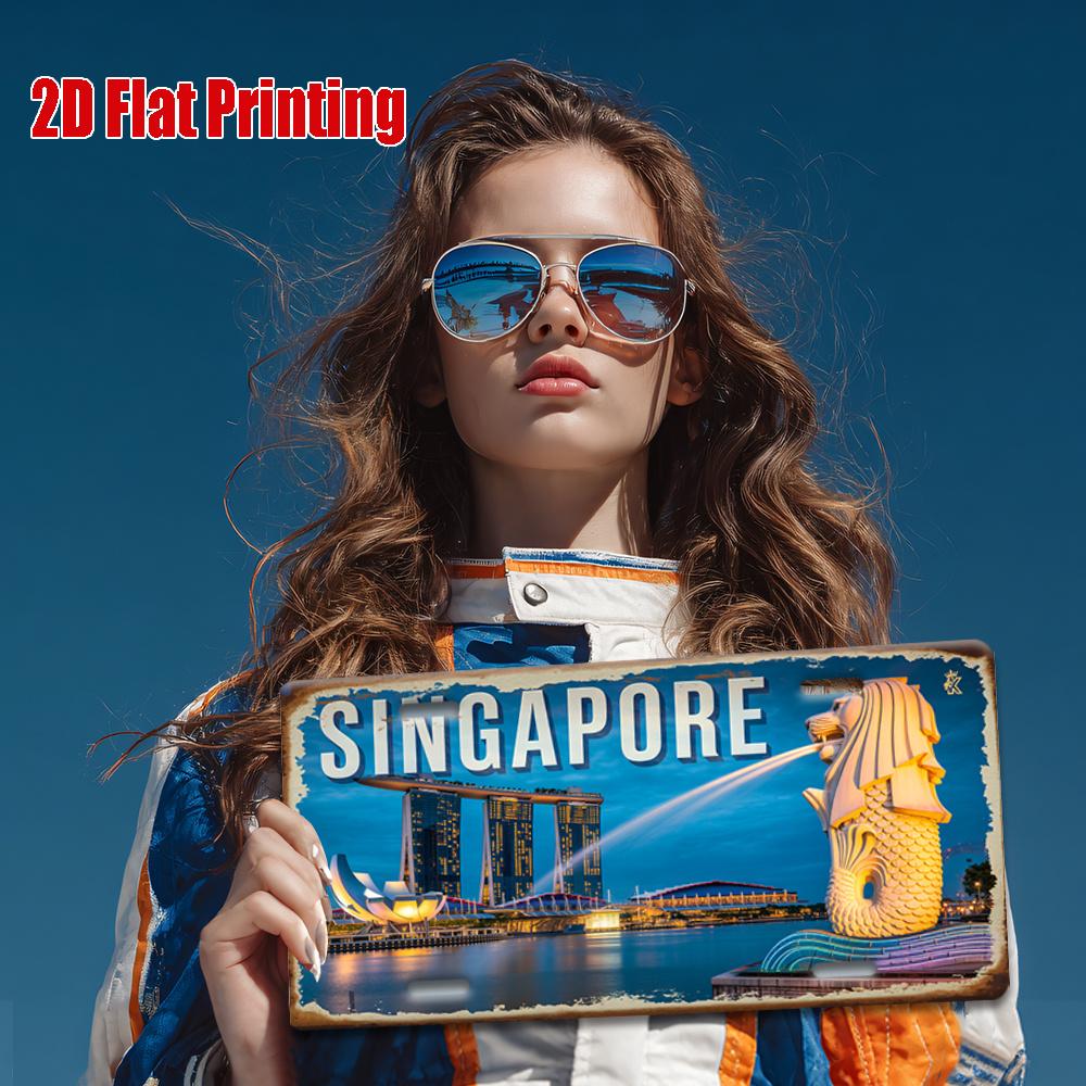 Printing, , Singapore Marina Bay and Merlion Scene Metal License Plate, Decorative Signs & Plaques , Vintage Aluminum Sign, P