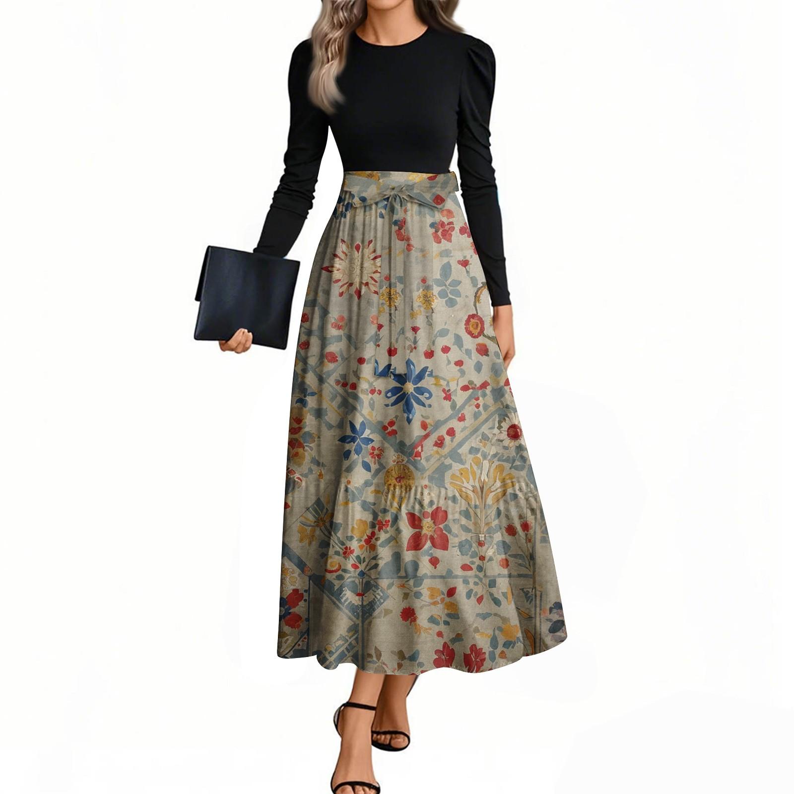 

Women s Fashion Casual Belted Long Sleeve Round Neck Floral Printed Elegant Temperament Dresses S