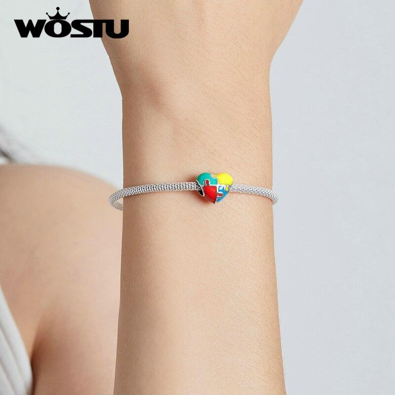 WOSTU 925 Sterling Silver Charm Love Jigsaw Colorful Bead Pendant Fit Original Bracelet Necklace For Women Jewelry