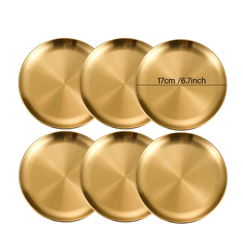6Pcs Stainless Steel Thickened Barbecue Disc Golden Silver Cafe Tray Fruit Plate Cake Plate Bone Dish Shallow Plate