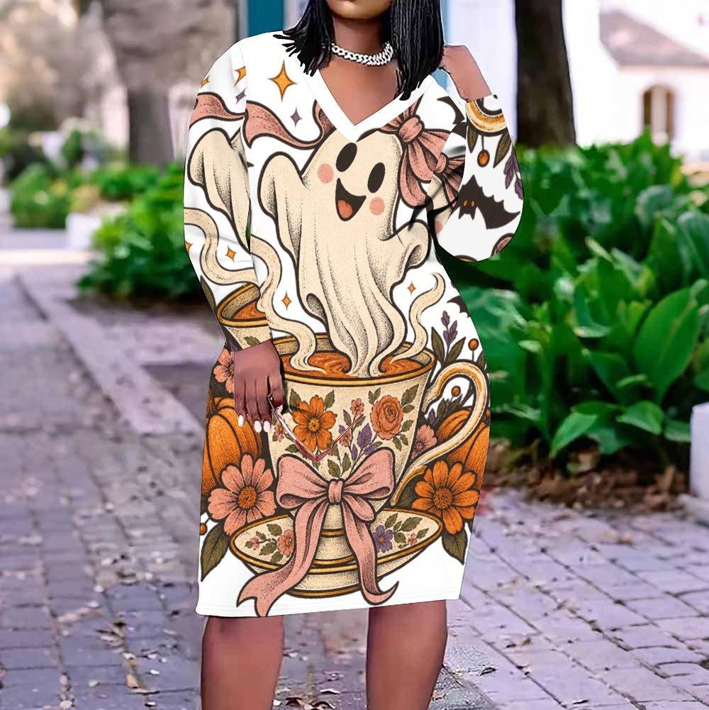 Women Plus Size V Neck Long Sleeve Halloween Ghost Pumpkin Printed White Fitted Straight Dress