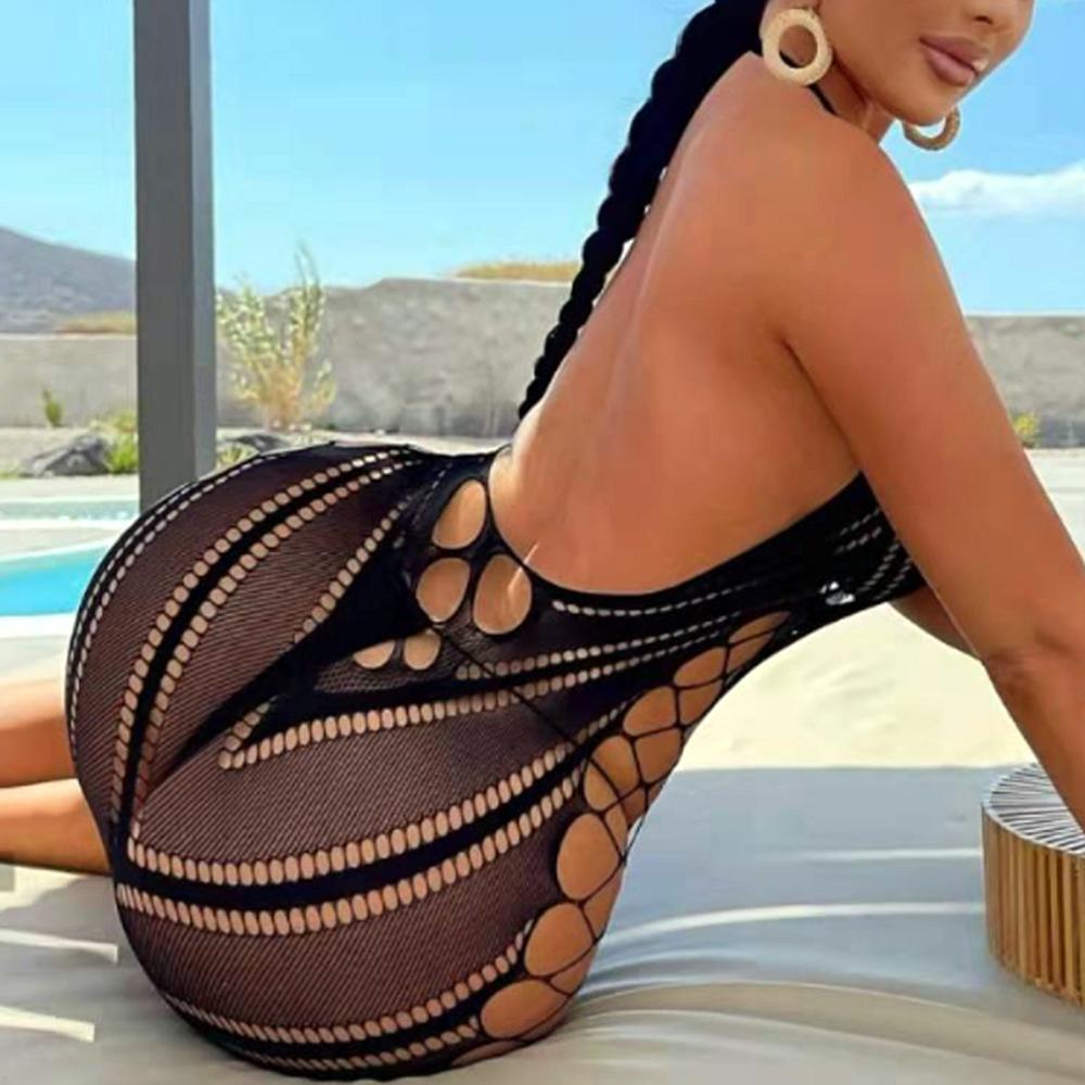 Ladies High Elastic Bodycon Dress Night Club Wear Women Sexy Mesh Transparent Short Dress Erotic See Through Hollow Beachwear