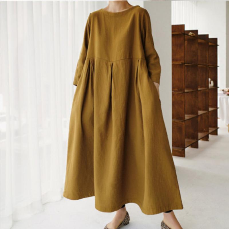 New Women's Plus Size Cotton Linen Dress, Loose Fit Round Neck Long Sleeve Knee-Length Pullover, Japanese Korean Forest Girl Style Casual Summer Dress