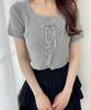WEGO PHILLY Knit Short Short Korean Size Gray Lace-Up Top, Sleeve, Knitwear, Girly, Style, Casual, Gift, Spring/Summer/Autumn, Women's, F,