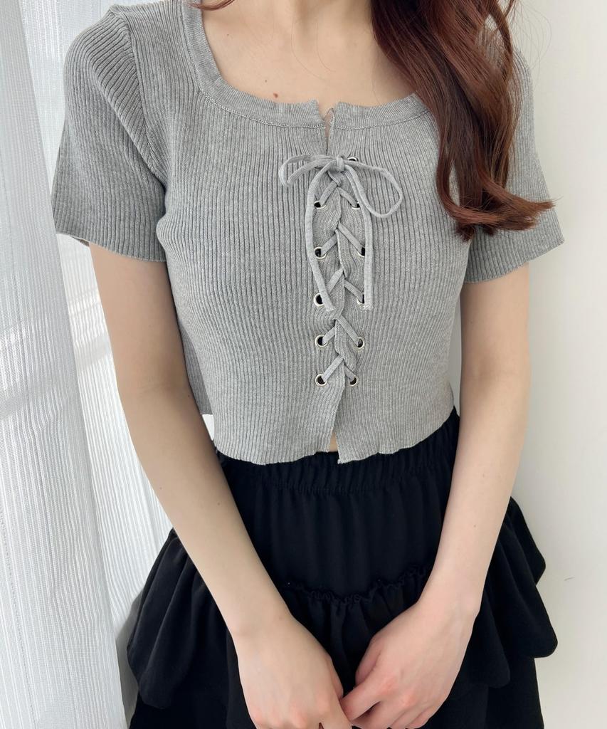 WEGO PHILLY Knit Short Short Korean Size Gray Lace-Up Top, Sleeve, Knitwear, Girly, Style, Casual, Gift, Spring/Summer/Autumn, Women's, F,