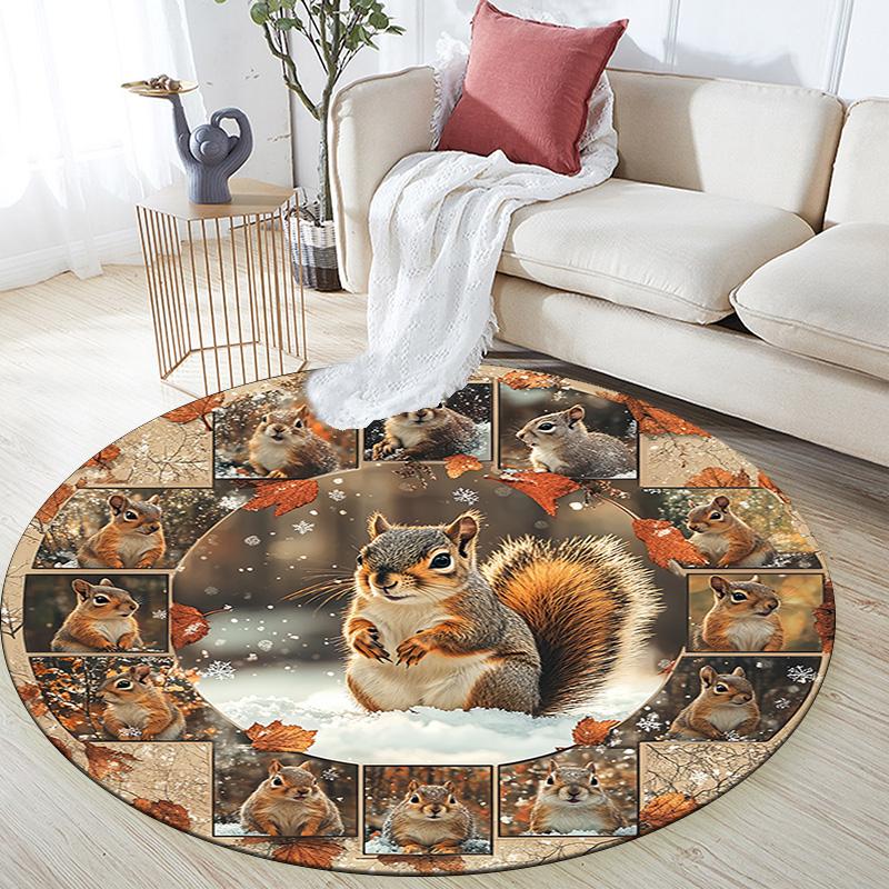 Squirrel Round Area Rug,Carpet Rug for Living Room Bedroom Sofa Playroom Decor,Non-slip Floor Mat