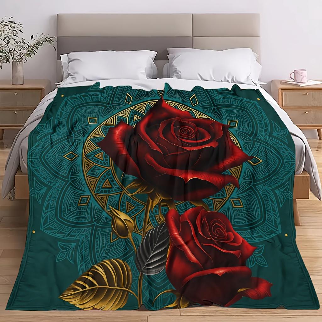 A Cozy Fleece Blanket Featuring a Rose Floral Pattern, Soft High-Definition Digital Printing, Cooling Blanket Suitable for All Seasons, a Perfect Gift