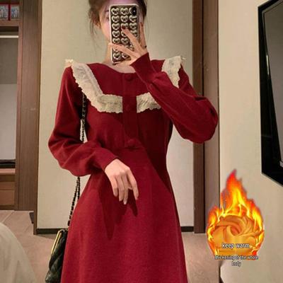 Women's French Knitted Red Wool Dress & Coat Set - New Year Autumn/Winter Style