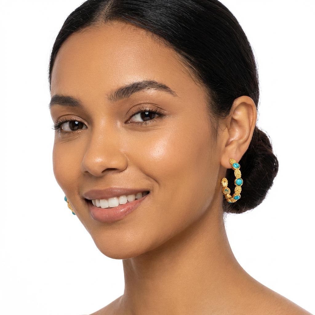 Fashion Boho Summer Turquoise Hoop Earrings for Women C-typ Eexaggeration Round Beads Green Stainless Steel Fashion Jewelry Gift