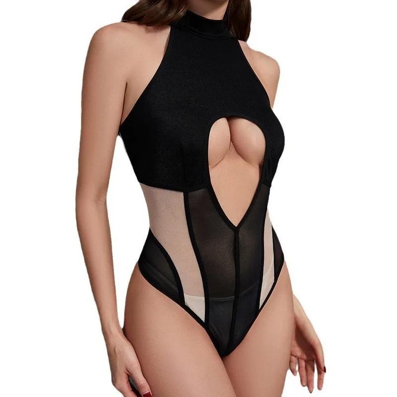 Sexy Perspective Conjoined Mesh Revealing Breasts One Piece Bodysuits Hanging Neck Heart Shape Hollowing Out High Strecth IKRP