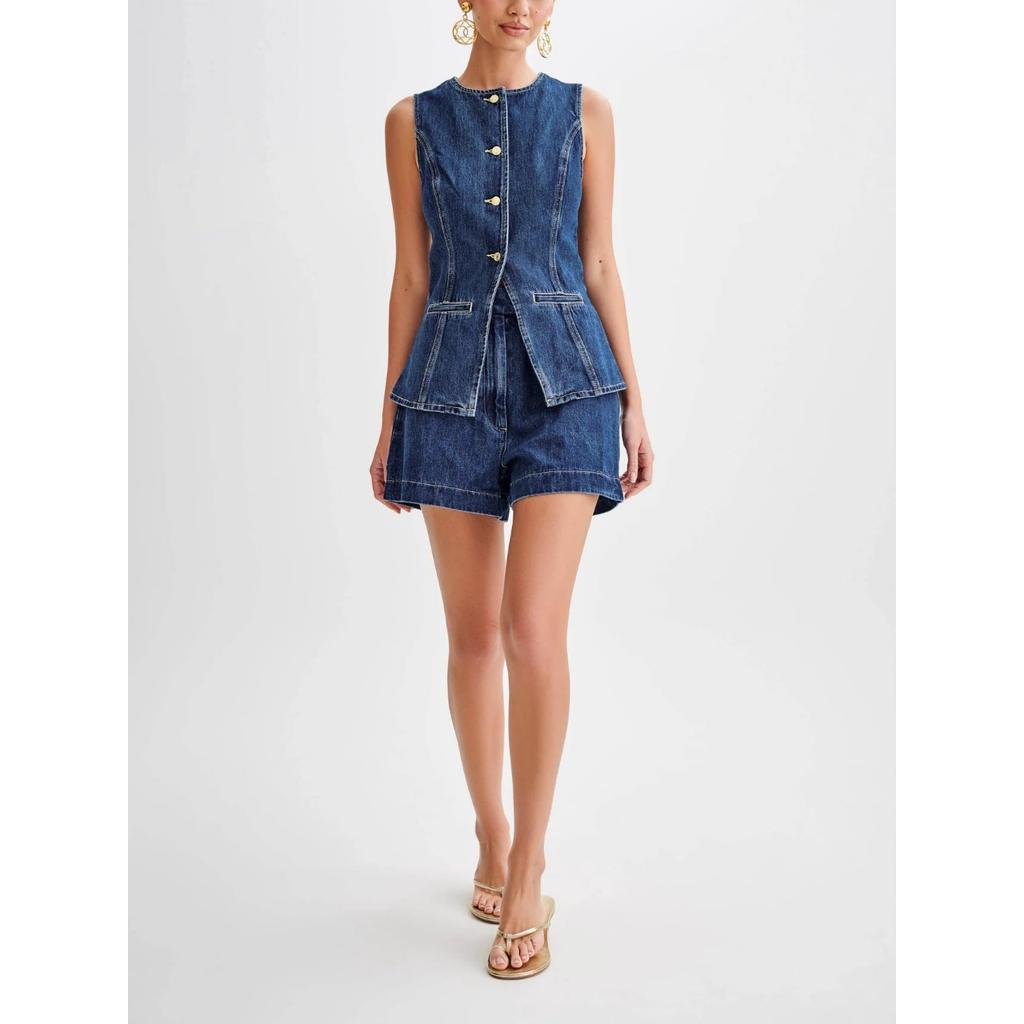 Spring/Summer Fashionable and Casual Sleeveless High - Waisted Denim Set for Women - Button - Down Sleeveless Vest with Pockets + Shorts