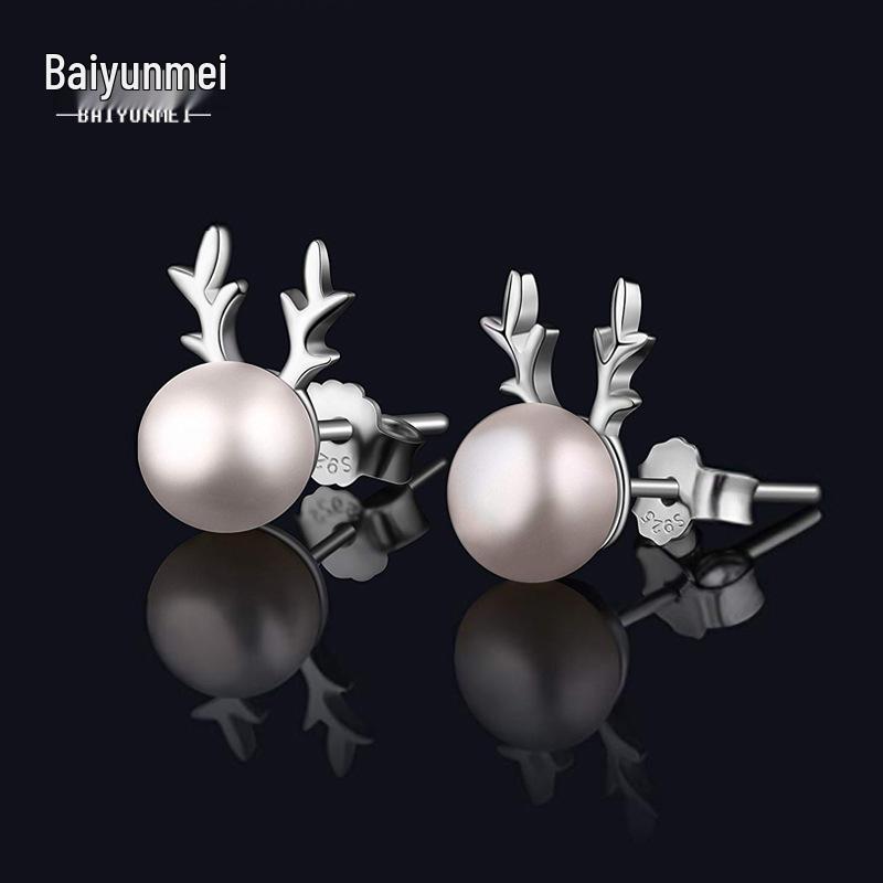 S925 Silver  I Love You Deer  Reindeer Pearl Earrings - Christmas Gift Jewelry Pearl Stud Earrings (with Plastic Ear Plugs)