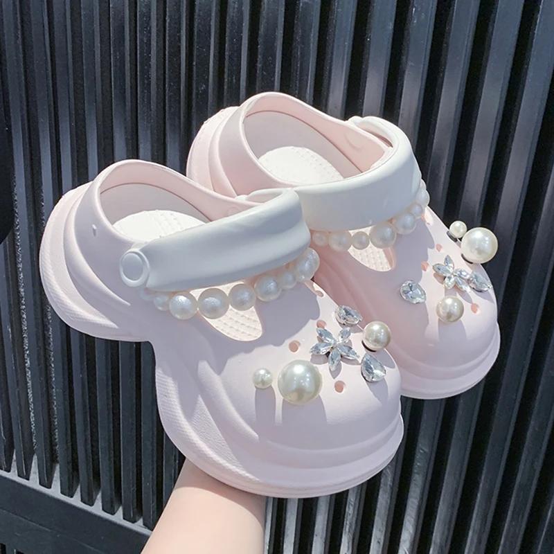 Fashion Cute Pearls Chain Chunky Sandals Women Fashion Diy Eva Platform Clogs Shoes Woman Outdoor Non Slip Soft Bottom Sandles Female