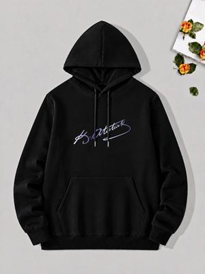 Unisex Hoodie, Casual Daily Wear, Signature Script Print, Pullover Sweatshirt, Streetwear Style, Autumn Winter Season, Kangaroo Pocket And Drawstring