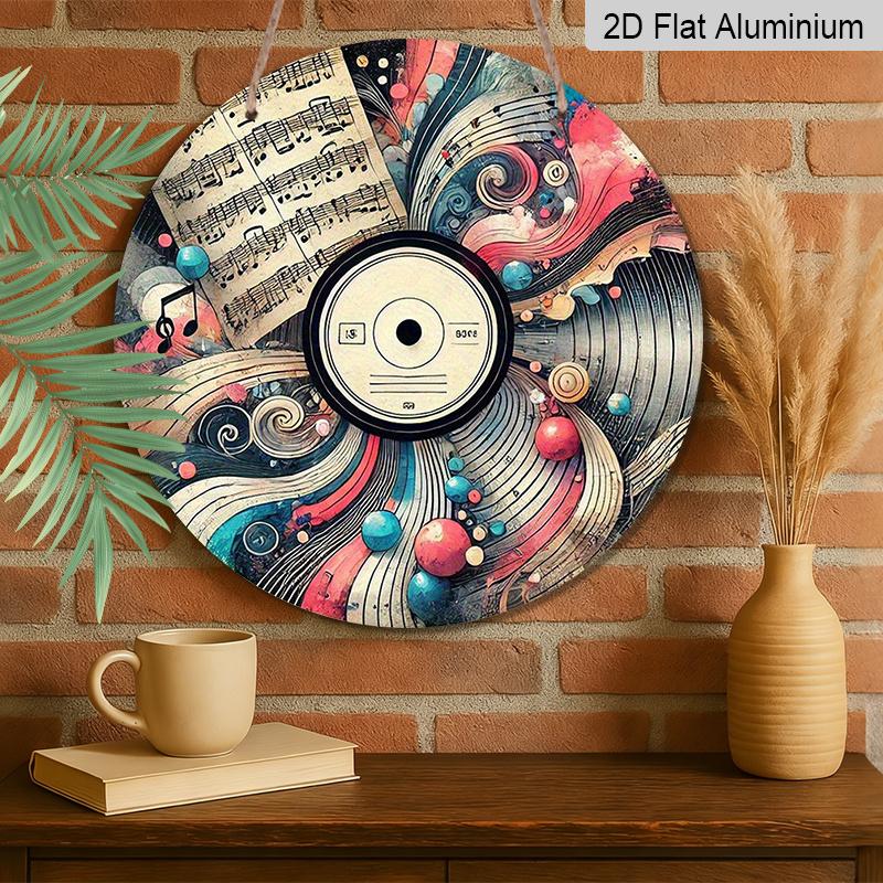 2D Flat, 1pc Round Aluminum Abstract Vinyl Record Metal Sign, Vintage Sheet Music & Artistic Swirl Wall Plaque, Waterproof Rustproof Decor, Perfect