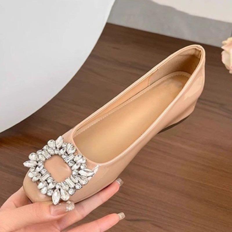 Silberne High-End-Damen-Einzelschuhe mit flachem Boden, quadratischer Zehenpartie und Strassbesatz, neue Herbst-Pendler-Beanieschuhe in Schwarz