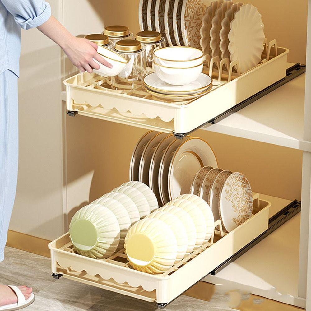 Punch-free Pull Out Dish Rack Built-In Drawer-type Plate Drain Rack Durable Dish Holder Pantry