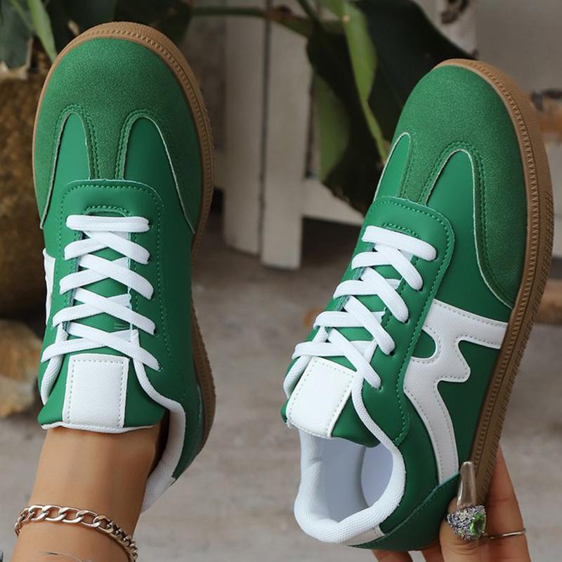 Fashion Spring Autumn Green Lace Up Sneakers Women Fashion Faux Suede Round Toe Sports Shoes Woman Sewing Striped Flats Shoes Female
