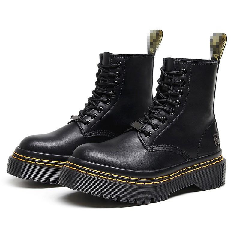 

Thick-soled hole nameplate iron plate ex Martin shoes women s high-top leather double yellow line student muffin bottom short boots women 35 чёрный